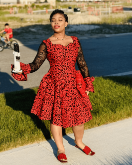 Red Ruffle sleeves Ankara dress
