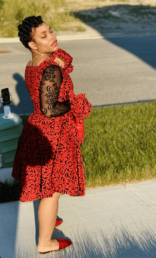 Red Ruffle sleeves Ankara dress - Image 4