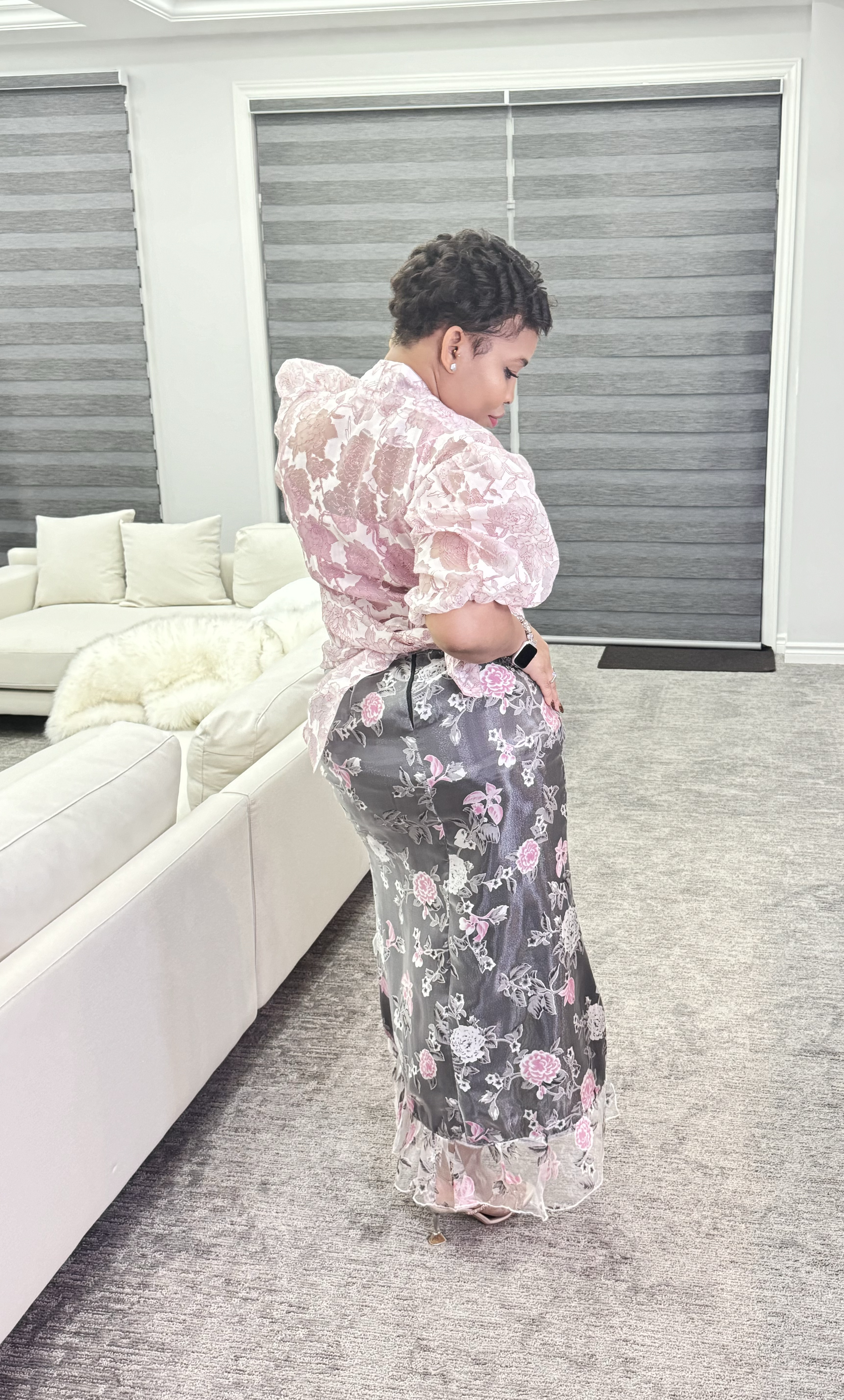 Floral print organza asymmetric ruffle skirt