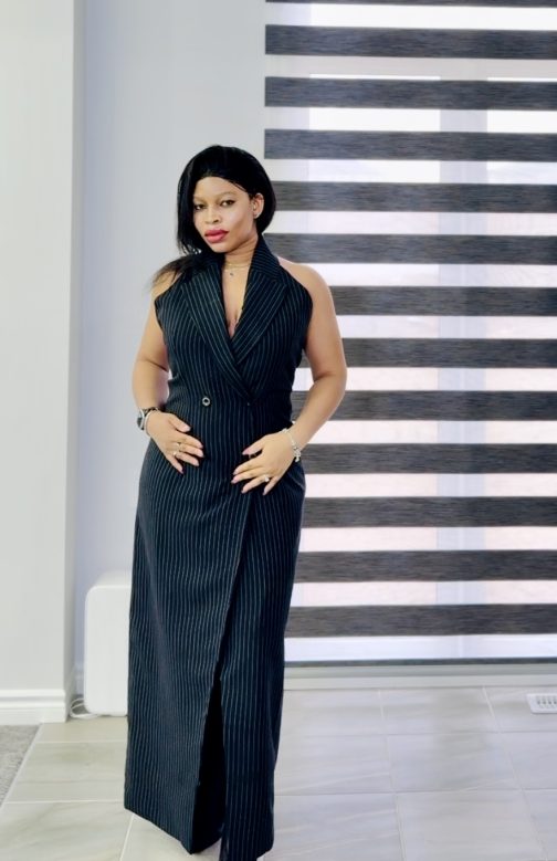 Black Pinstripe Halter Neck Jacket Dress