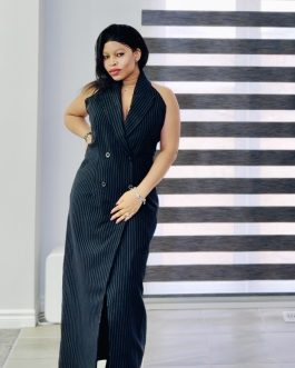 Black Pinstripe Halter Neck Jacket Dress
