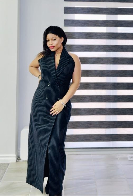 Black Pinstripe Halter Neck Jacket Dress