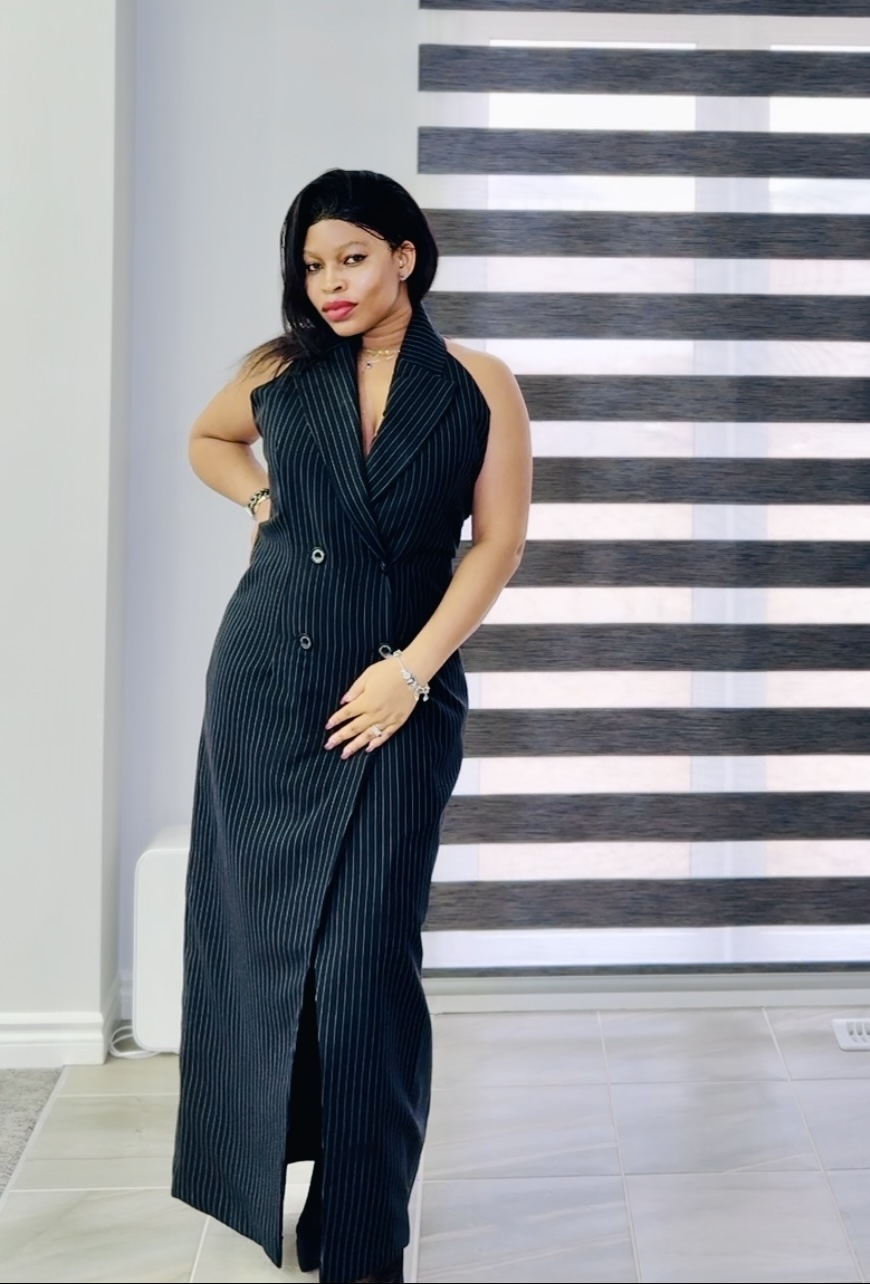 Black Pinstripe Halter Neck Jacket Dress