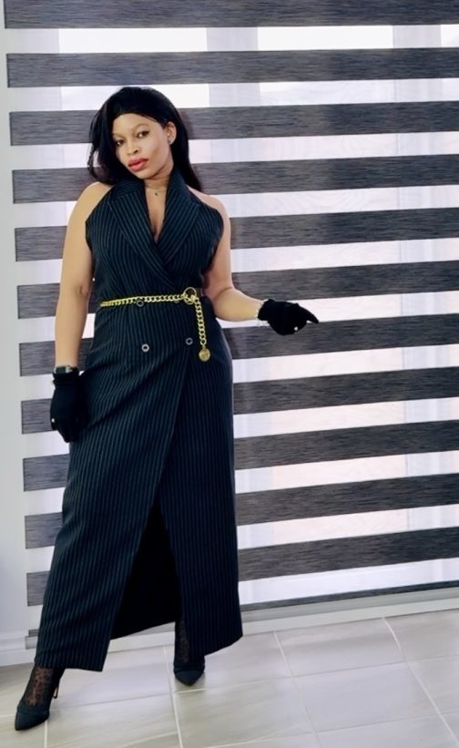 Black Pinstripe Halter Neck Jacket Dress
