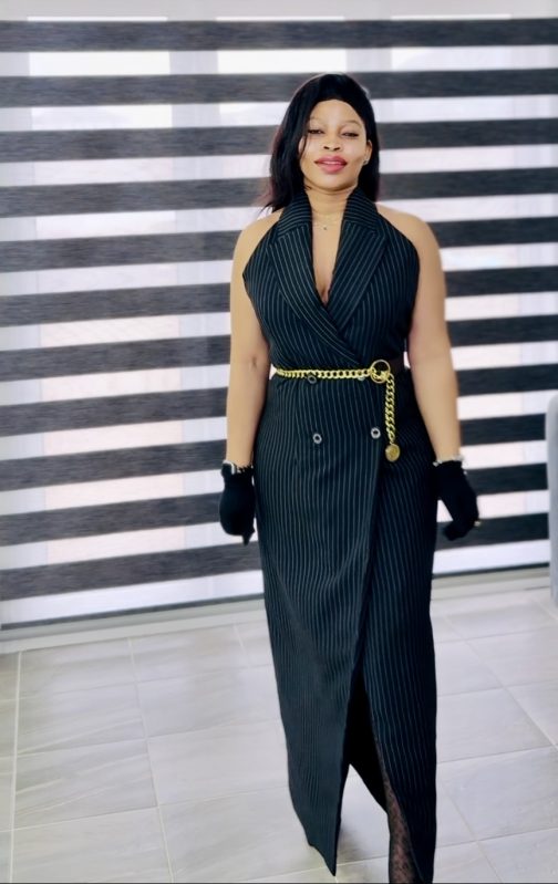 Black Pinstripe Halter Neck Jacket Dress - Image 3