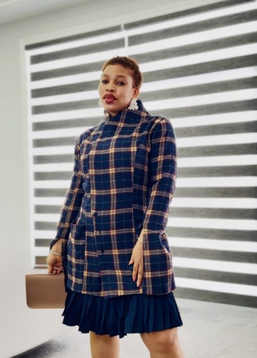 Navy Blue Plaid Cotton Jacket Dress