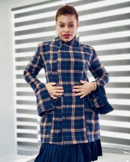 Navy Blue Plaid Cotton Jacket Dress