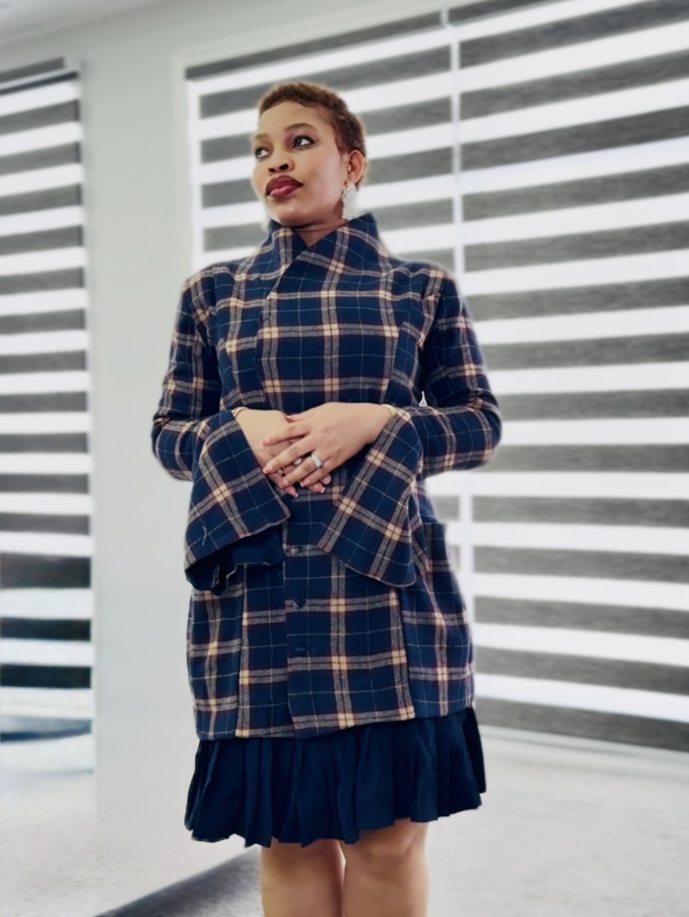 Navy Blue Plaid Cotton Jacket Dress