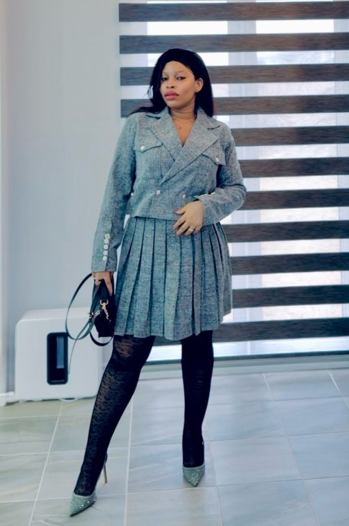 Grey Two Piece Jacket & Box Pleats Skirt Set - Image 4