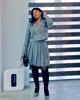 Grey Two Piece Jacket & Box Pleats Skirt Set