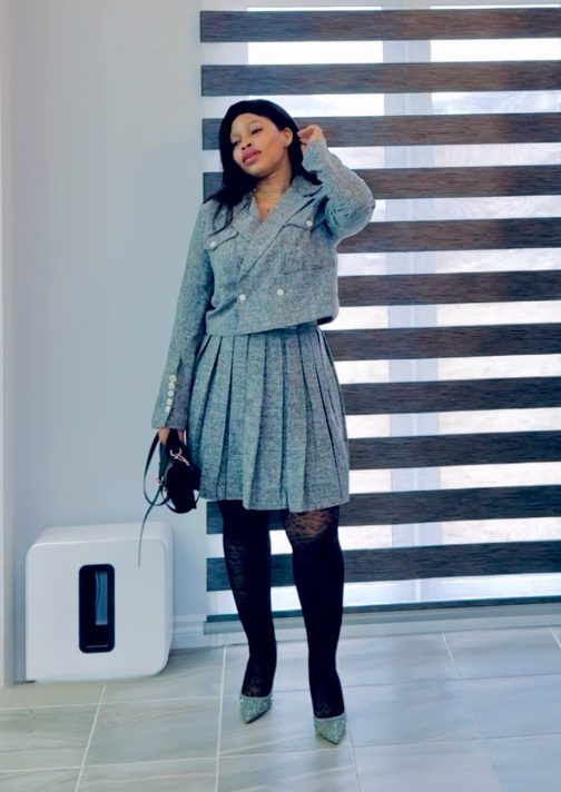 Grey Two Piece Jacket & Box Pleats Skirt Set - Image 2